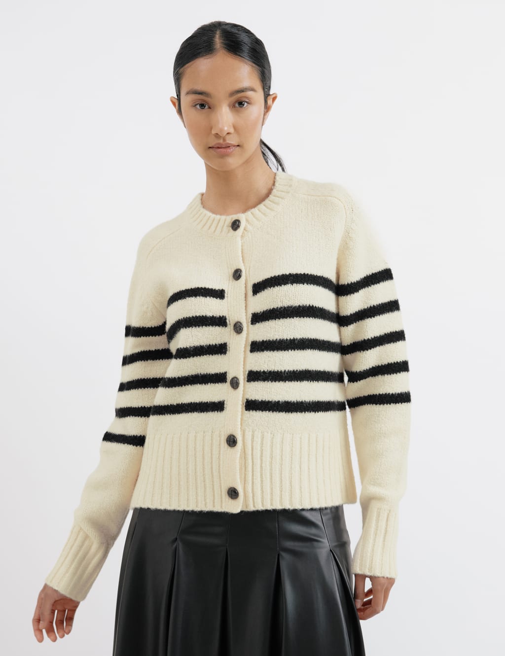 Striped Crew Neck Cardigan with Wool