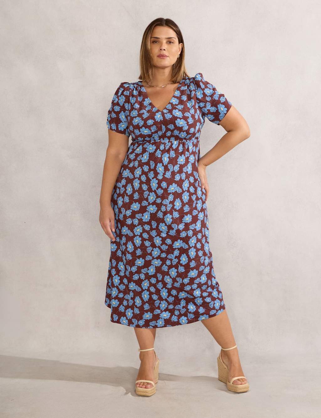 Floral V-Neck Shirred Midi Tea Dress