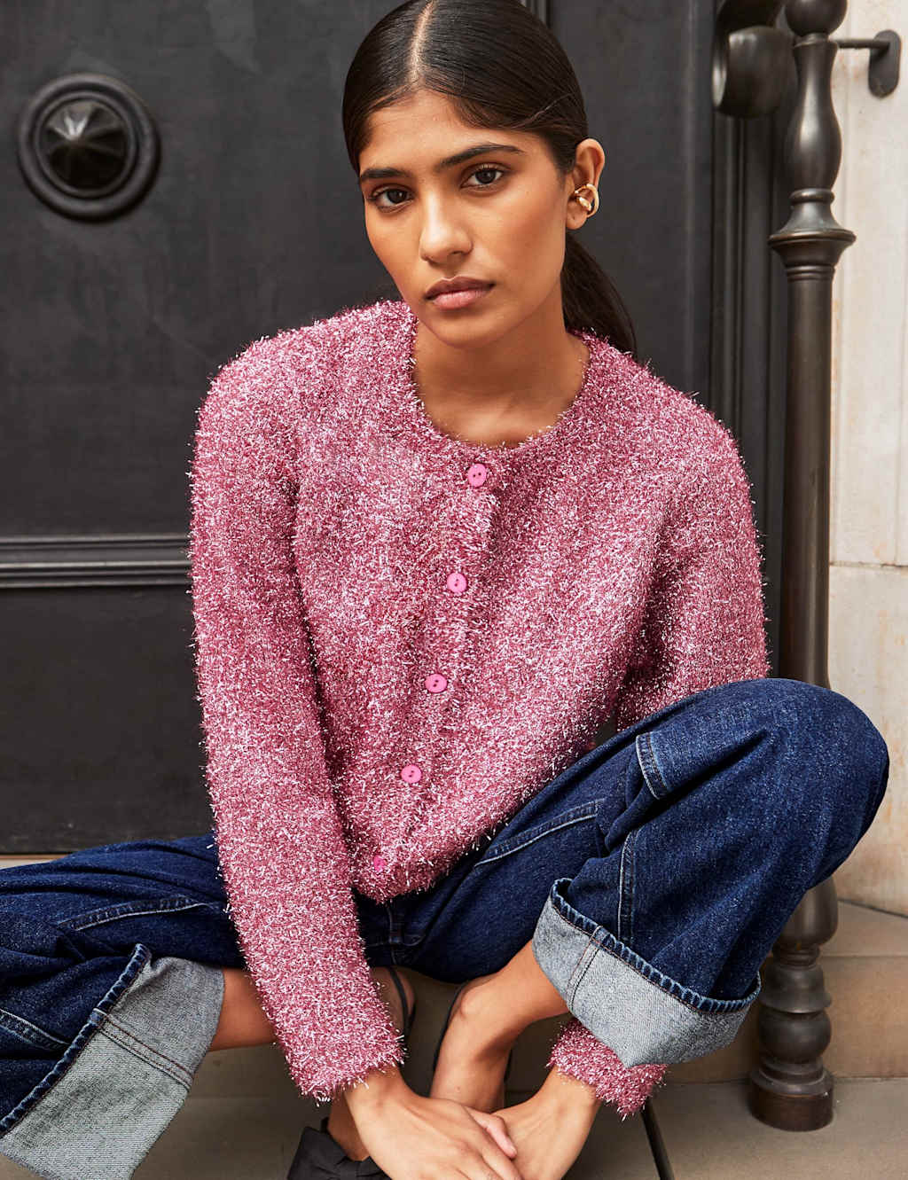 RO&ZO Sparkly Crew Neck Button Through Cardigan Pink