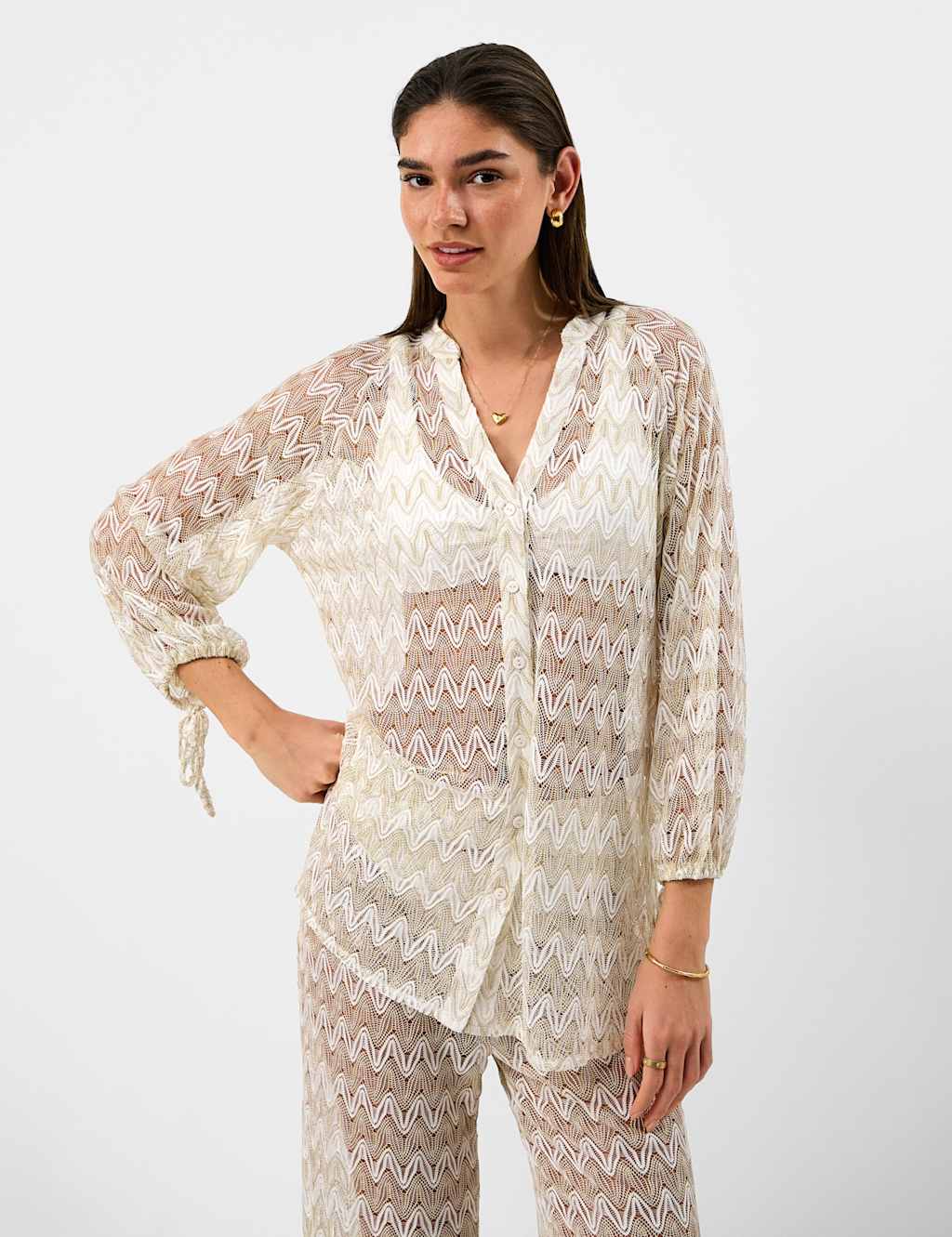 Accessorize Women's Striped Metallic Button Through Beach Shirt - Small - White - Available at M&S
