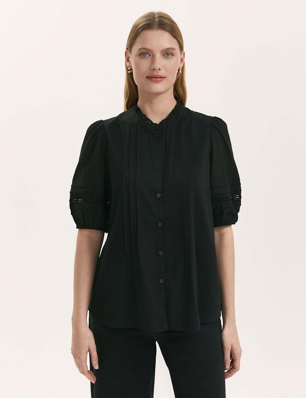 Finery London Pure Cotton Frill Neck Pleat Detail Blouse Black