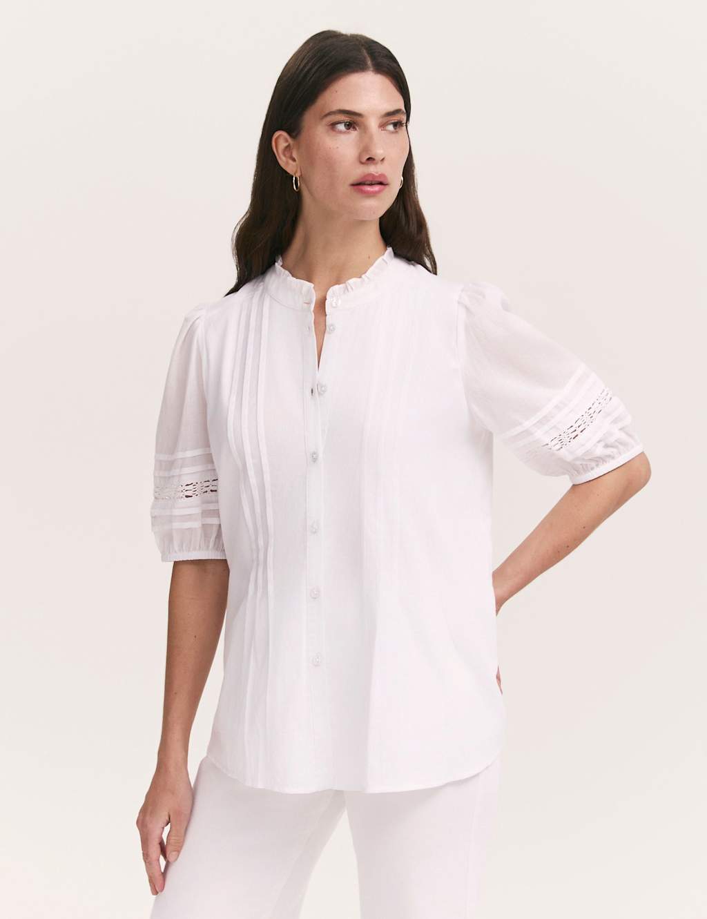 Pure Cotton Frill Neck Pleat Detail Blouse