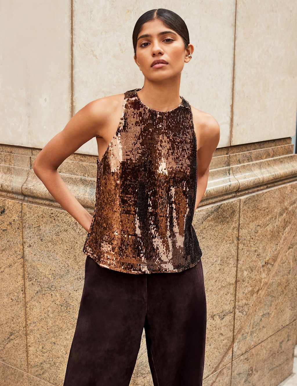 RO&ZO Sequin Halter Neck Top Brown