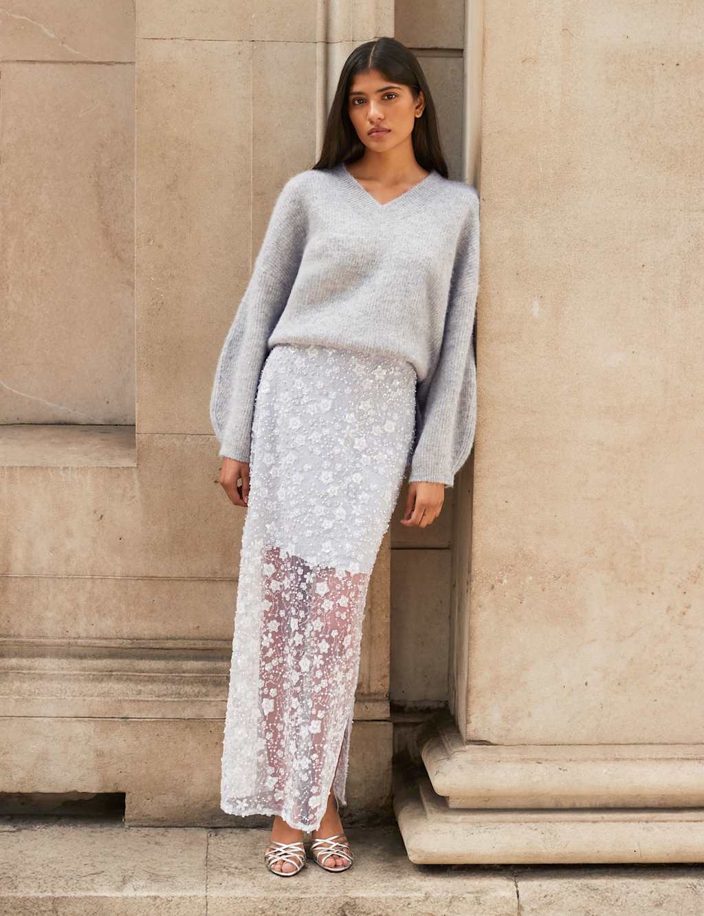 RO&ZO Sequin Floral Maxi Column Skirt Silver Mix