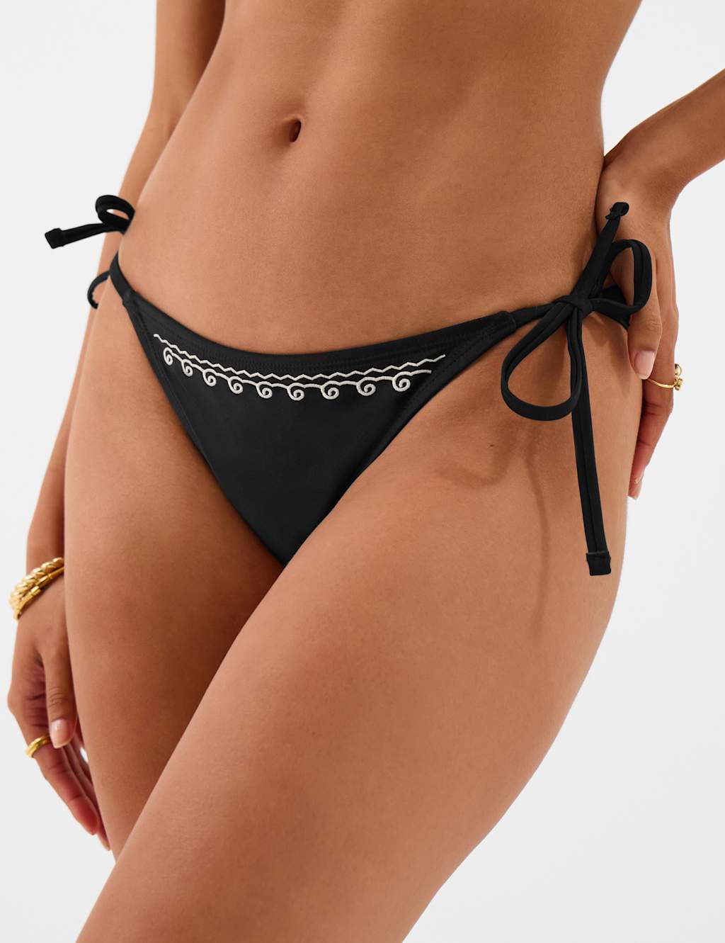 Accessorize Women's Embroidered Tie Side High Leg Bikini Bottoms - 14 - Black - Available at M&S