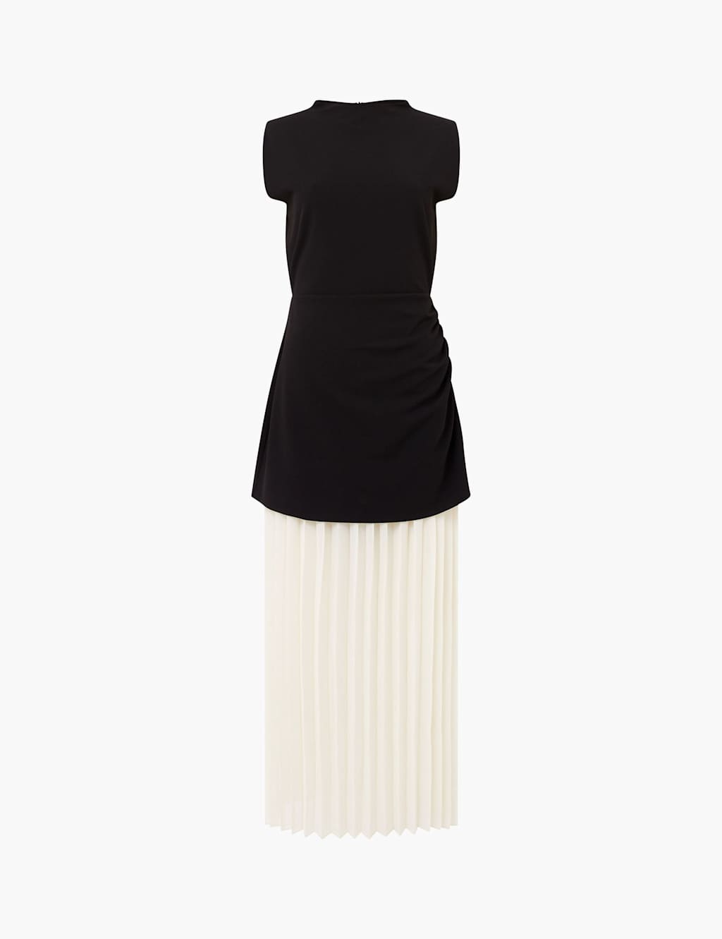 French Connection Crew Neck Pleated Maxi Waisted Dress Black Mix
