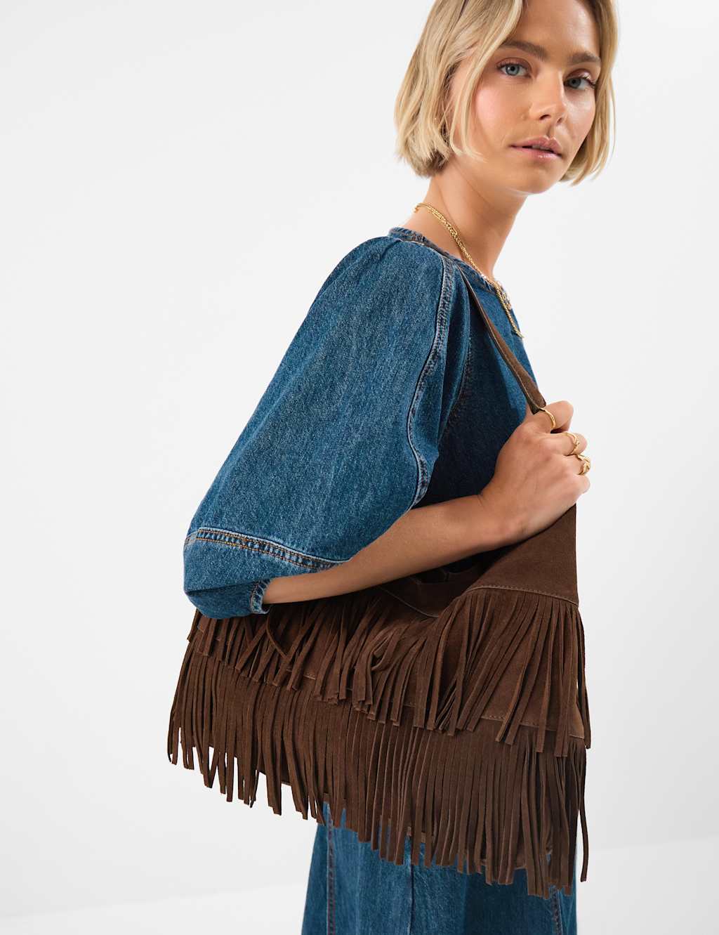 Accessorize Women's Suede Fringed Shoulder Bag - Chocolate - Available at M&S