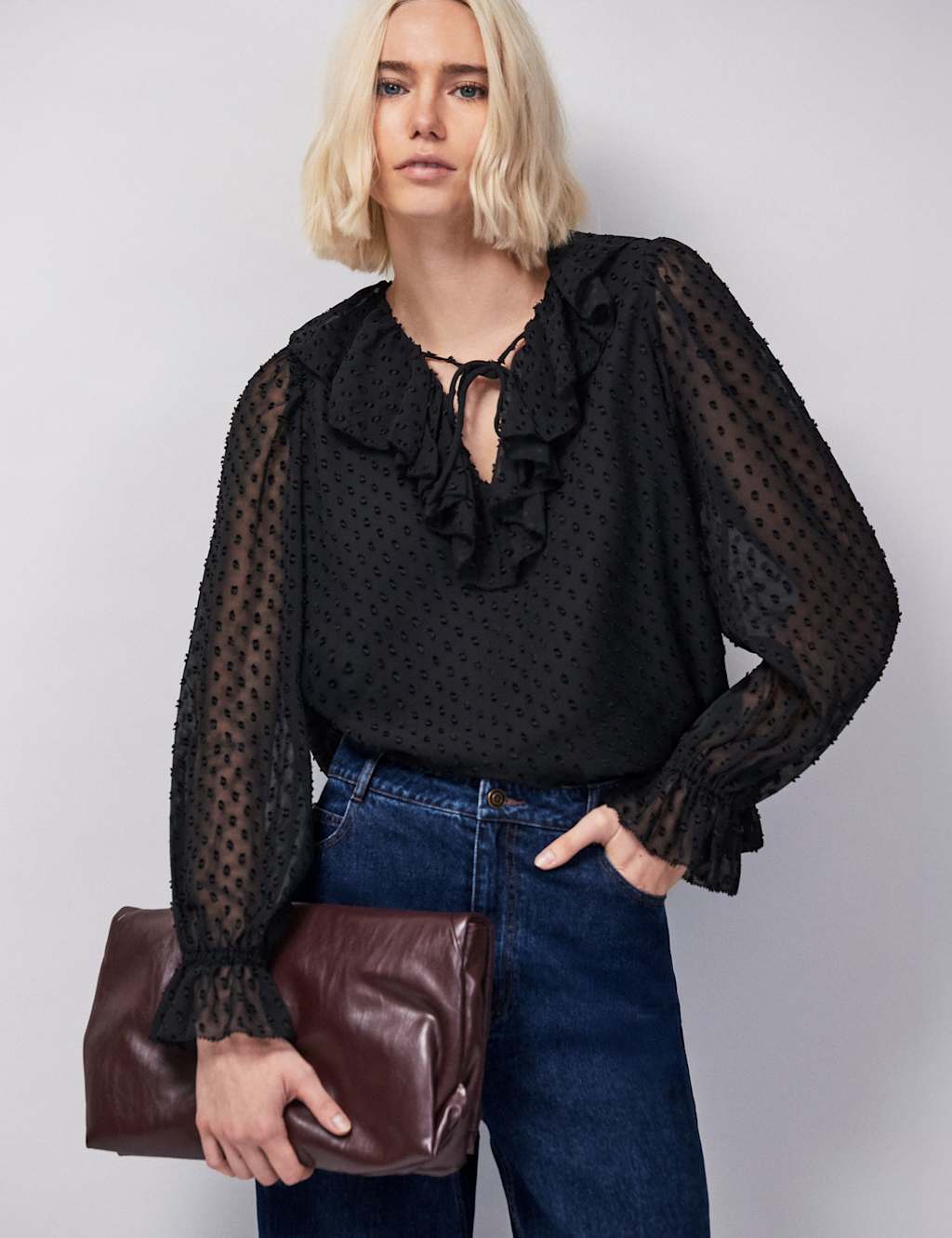 RO&ZO Ruffle Tie Neck Blouse Black