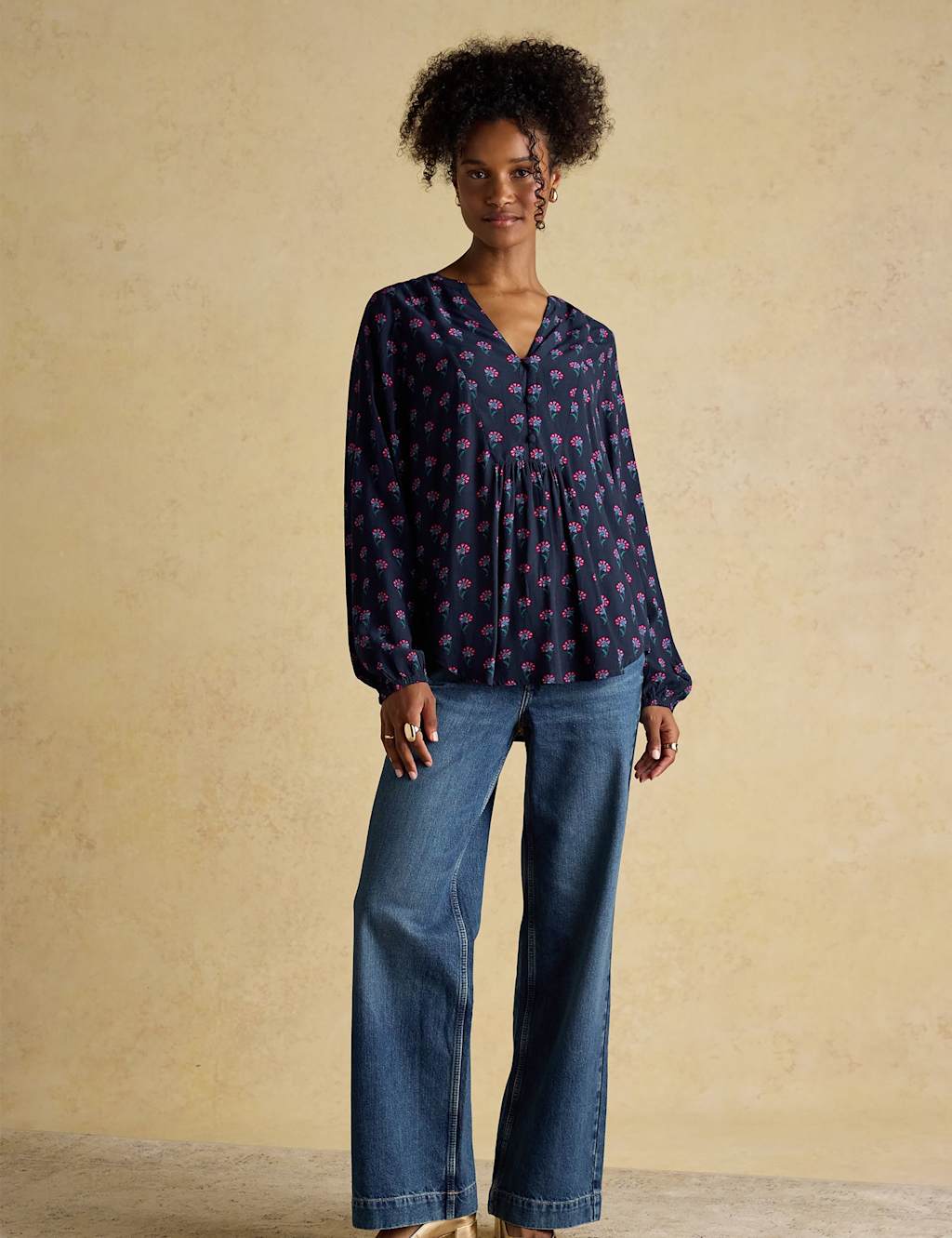 Joules Floral V-Neck Blouse Navy Mix