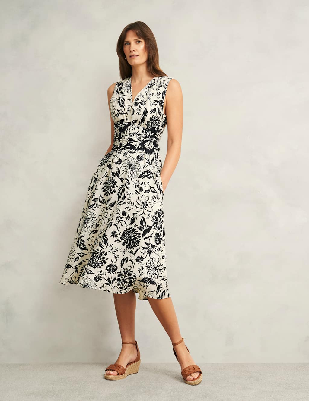 Pure Linen Floral V-Neck Midi Skater Dress