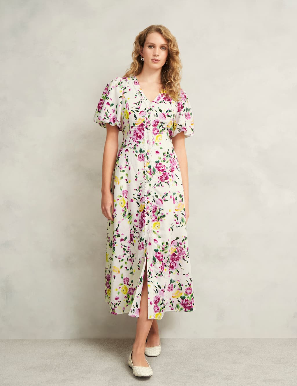 Linen Rich Floral Midaxi Smock Dress
