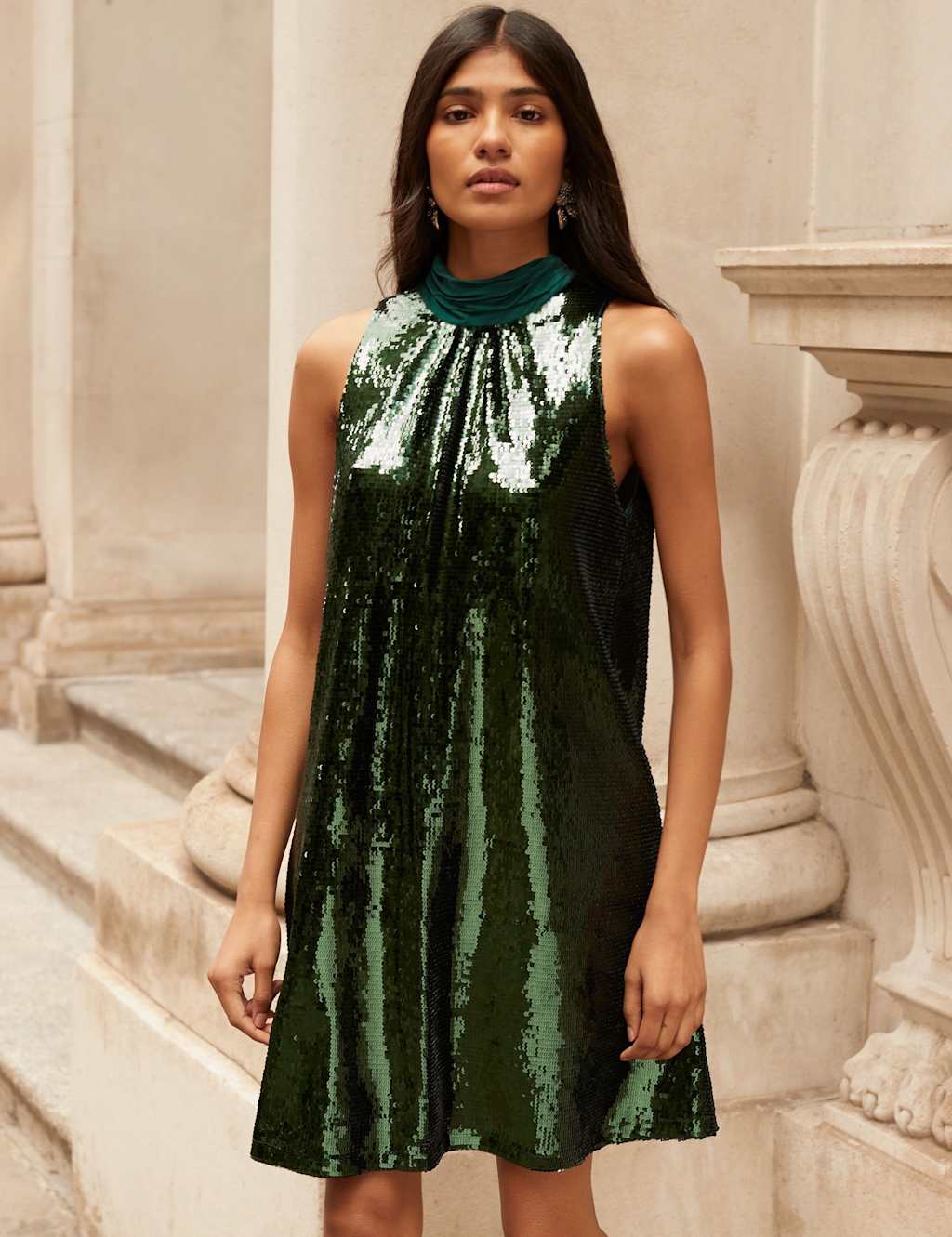 RO&ZO Sequin Halter Neck Mini Swing Dress Dark Green