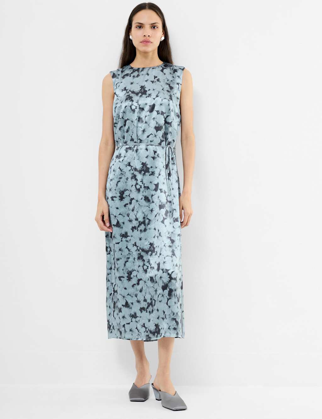 French Connection Floral Tie Waist Midi Column Dress Blue Mix