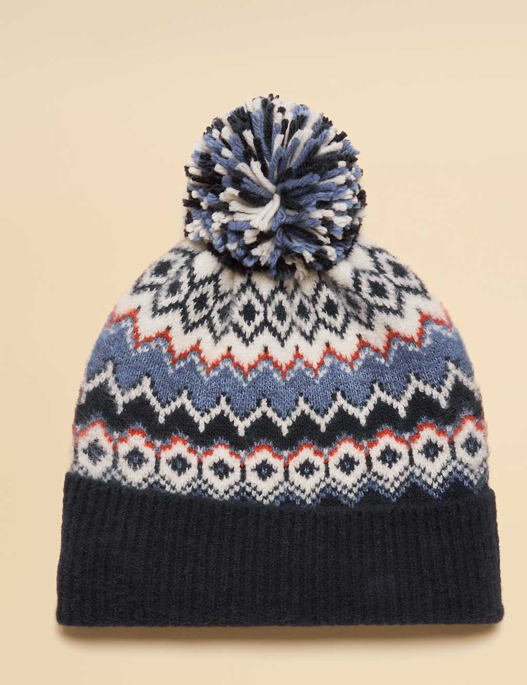 Joules Knitted Fair Isle Pom Beanie Hat Navy Mix
