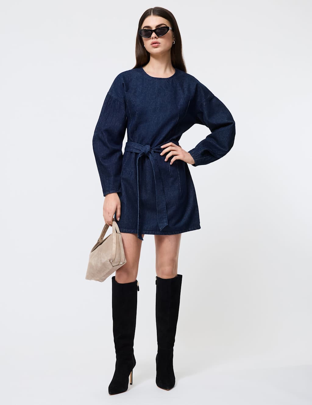French Connection Denim Belted Mini Tea Dress Blue