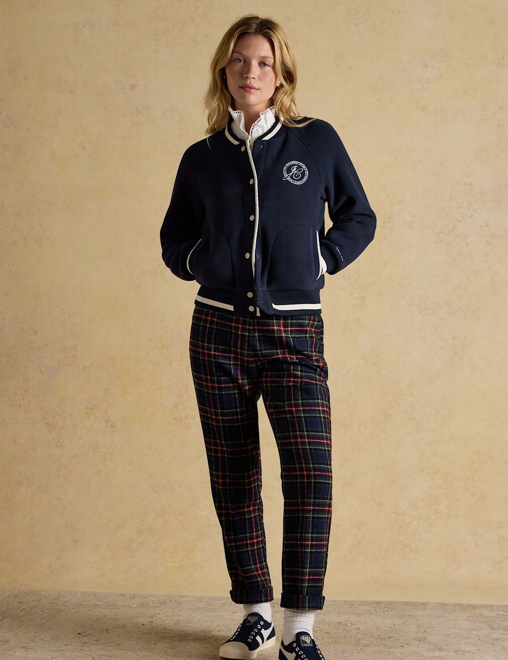 Joules Wool Rich Checked Tapered Trousers Navy Mix