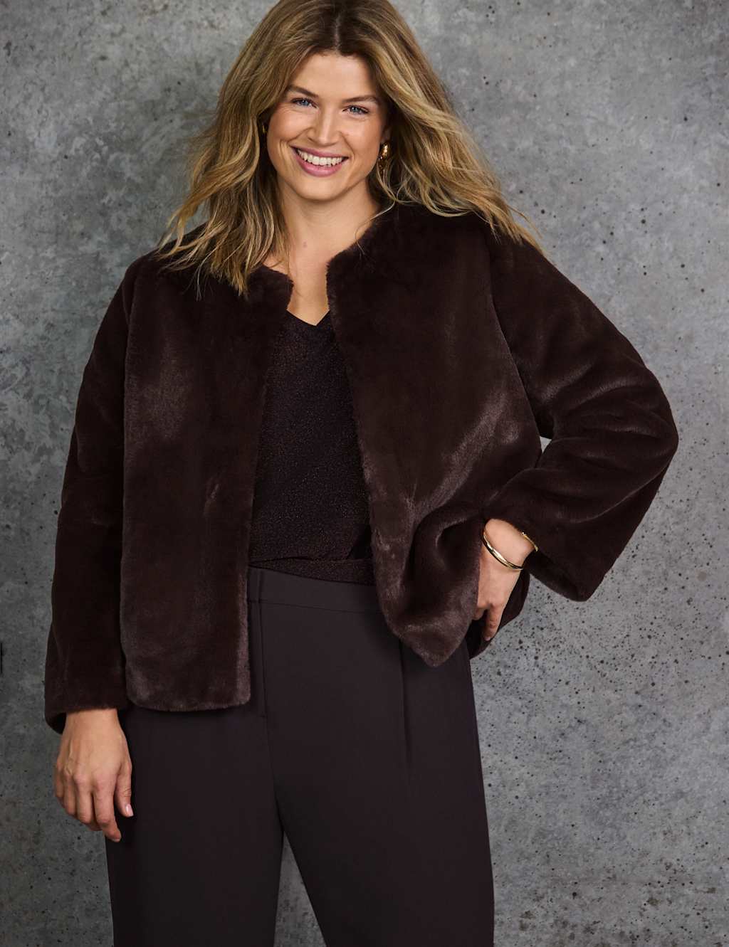 Live Unlimited London Faux Fur Jacket Brown