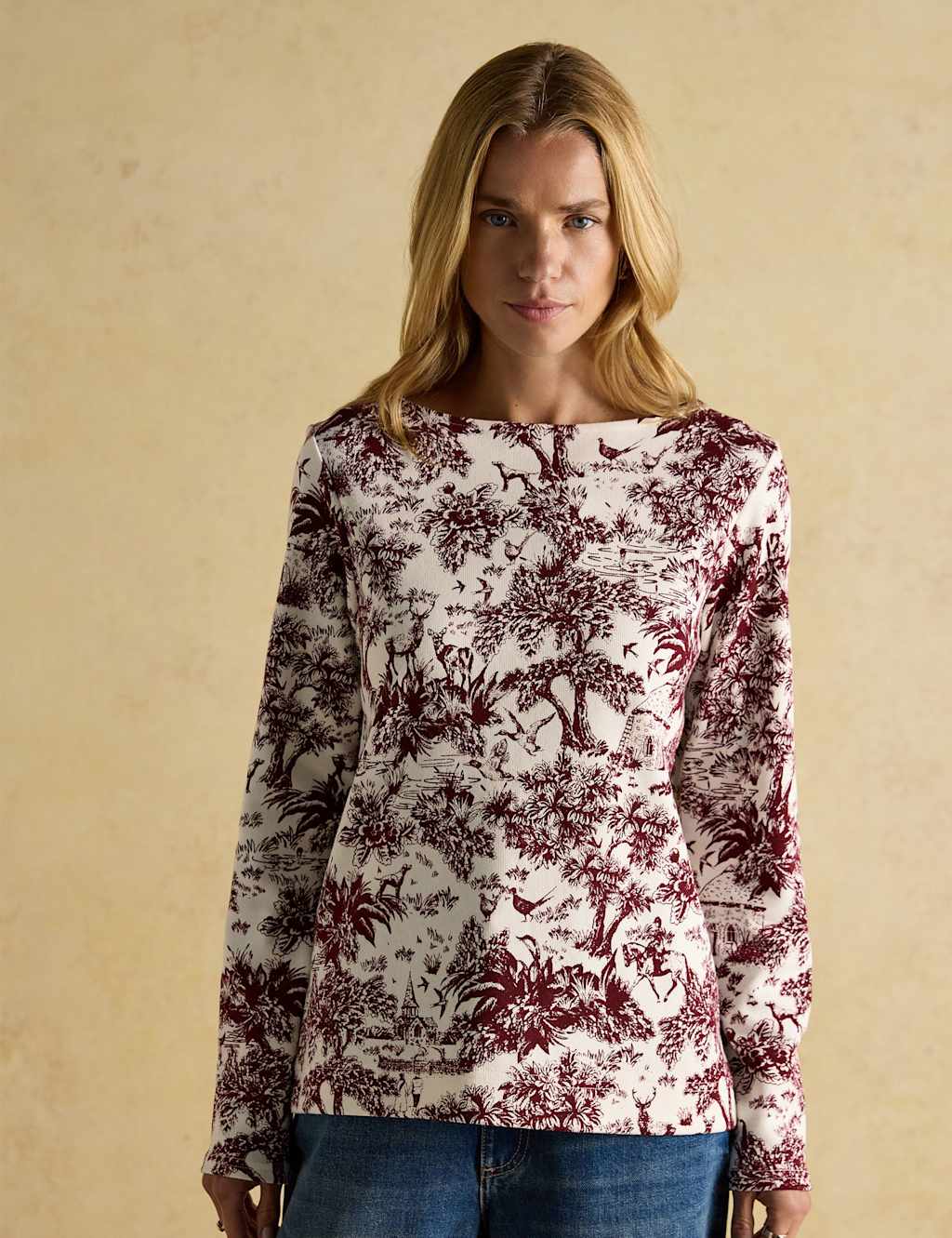 Joules Pure Cotton Countryside Print Boat Neck Top Red Mix