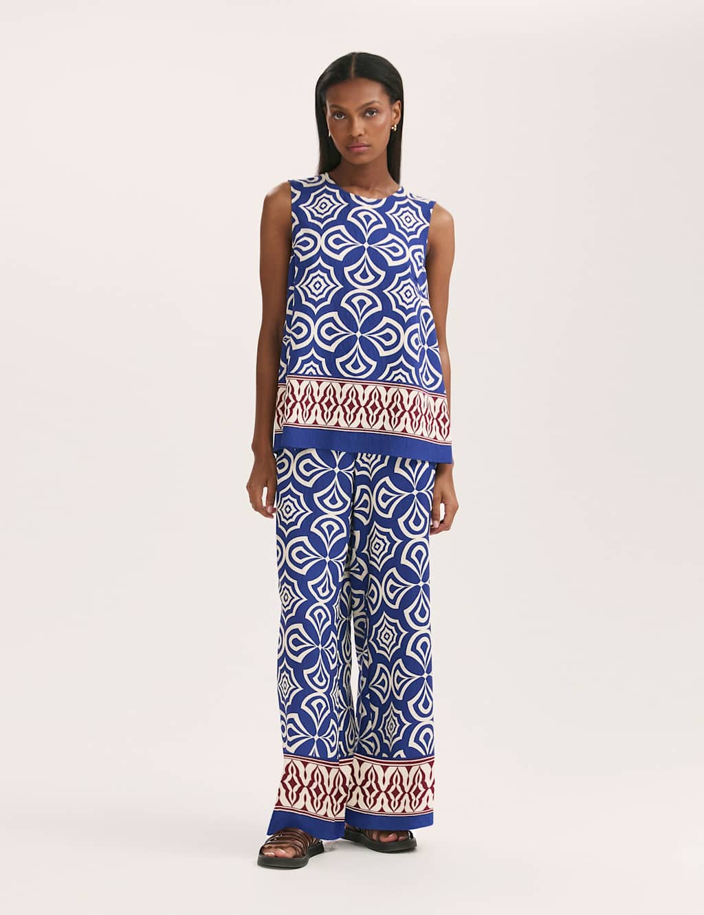 Finery London Women's Printed Wide Leg Trousers - 12 - Blue Mix - Available at M&S