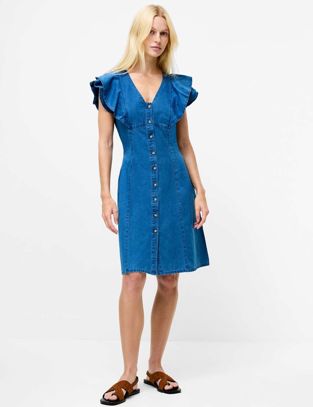 French Connection Pure Cotton V-Neck Knee Length Tea Dress Blue