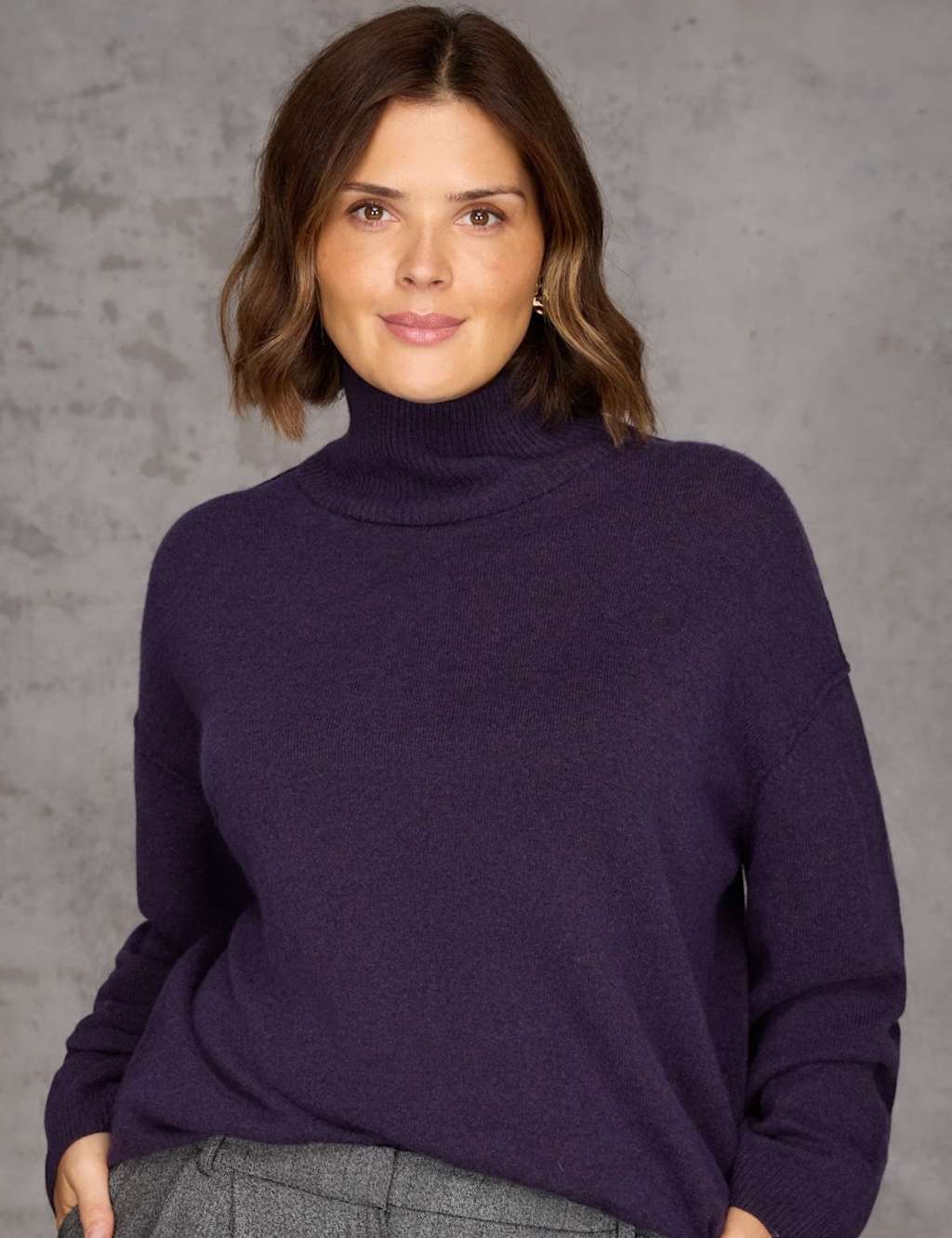 Live Unlimited London Wool Blend Roll Neck Wide Sleeve Jumper with Cashmere Purple