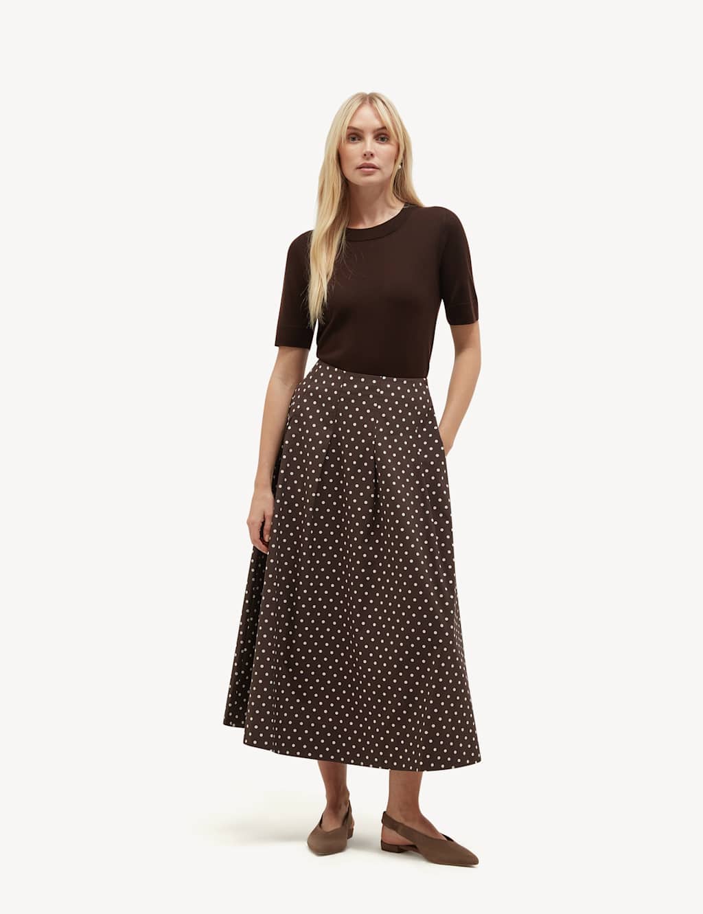 Hobbs Women's Pure Cotton Polka Dot Midi A-Line Skirt - 16 - Brown Mix - Available at M&S