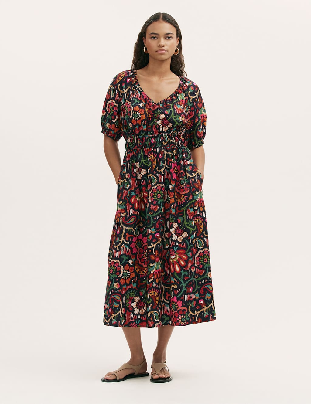 Finery London Women's Floral V-Neck Midi Waisted Dress - 14 - Black Mix - Available at M&S