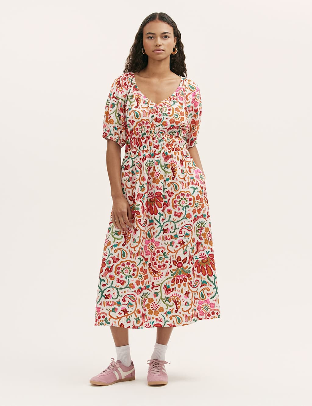 Finery London Women's Floral V-Neck Midi Waisted Dress - 12 - Ivory Mix - Available at M&S