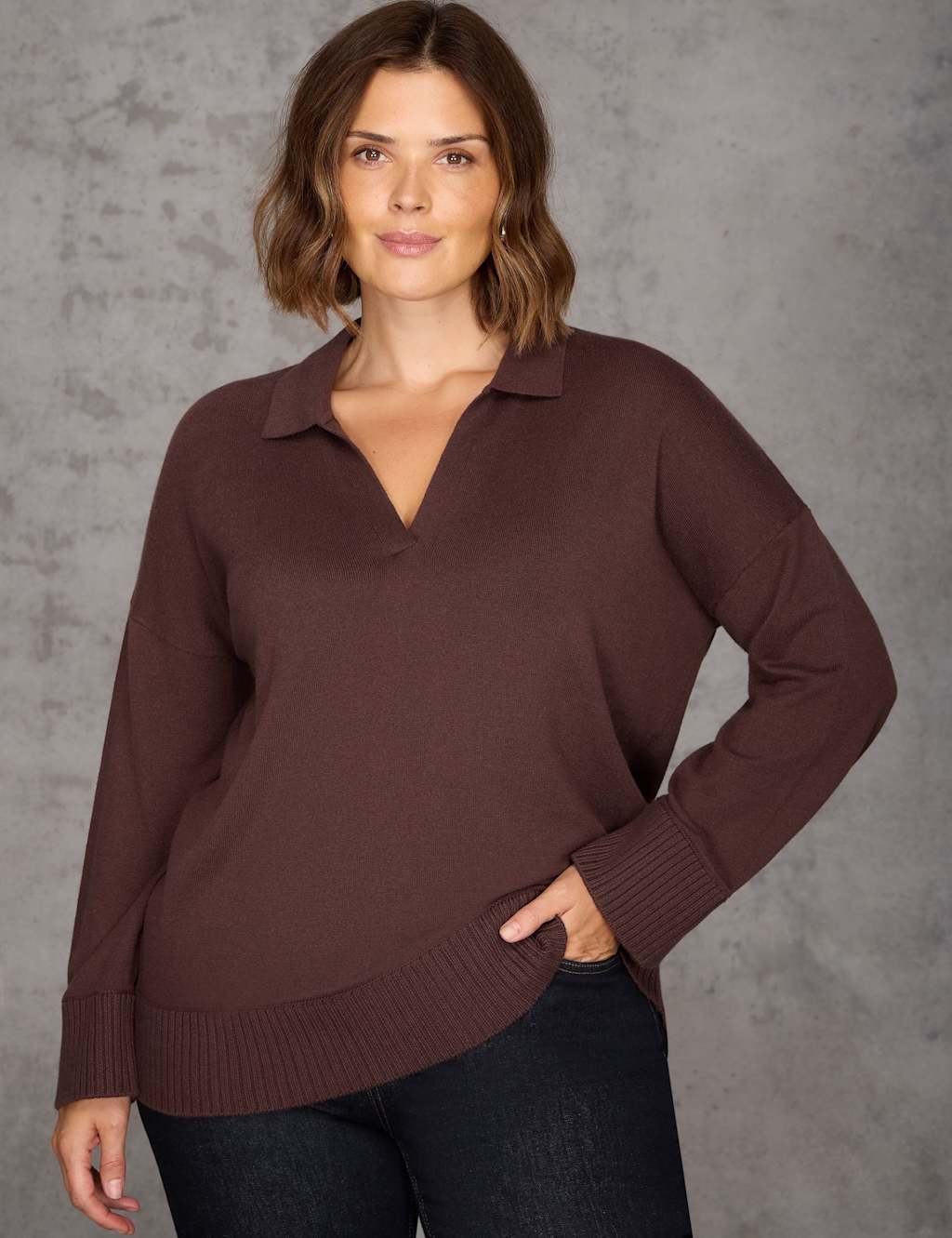 Live Unlimited London Polo Neck Longline Jumper with Cashmere Brown