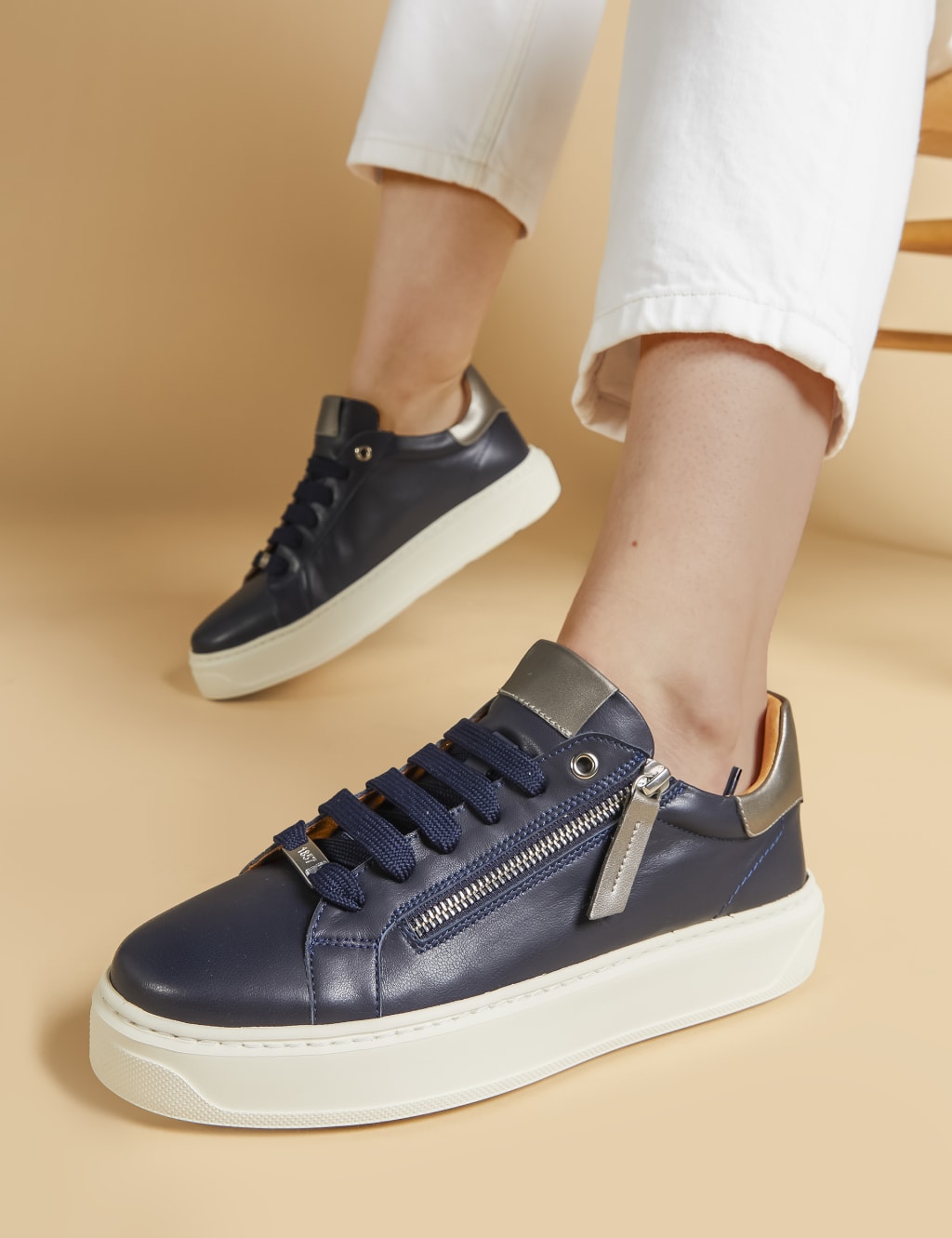 Leather Metallic Zip Chunky Trainers