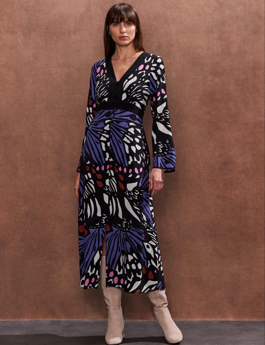 Printed V-Neck Midi Waisted Dress