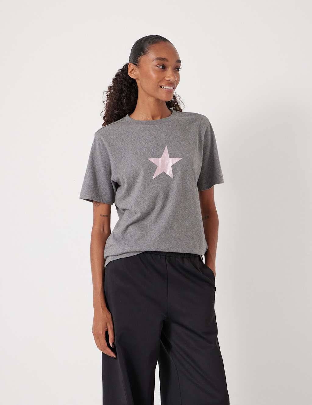HUSH Pure Cotton Metallic Star Graphic T-Shirt Grey Mix