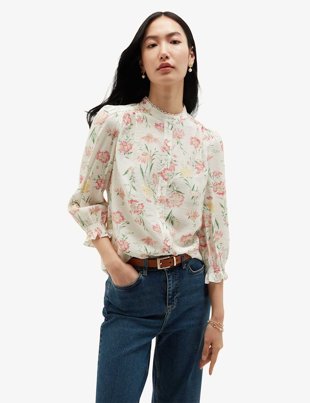 Hobbs Women's Floral Round Neck Lace Trim 3/4 Sleeve Blouse - 12 - White Mix - Available at M&S