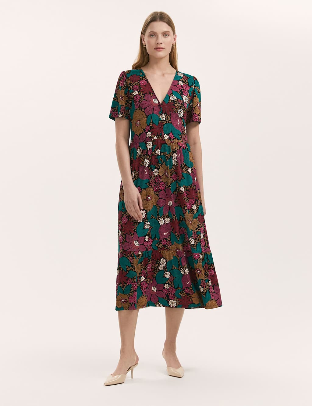 Finery London Jersey Floral V-Neck Midi Tiered Dress Pink Mix