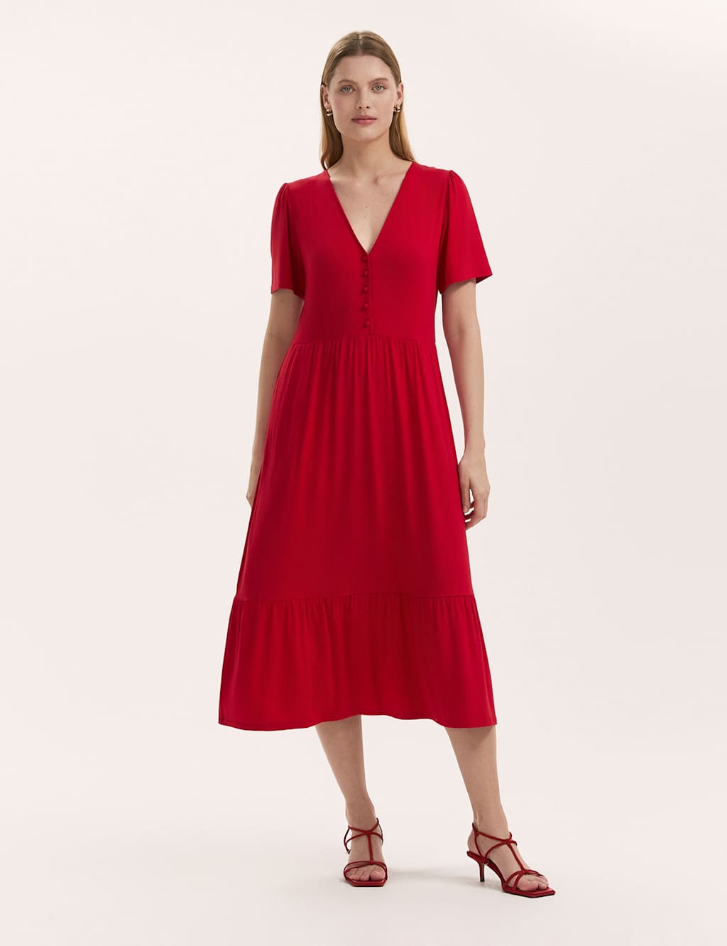 Finery London Jersey V-Neck Midi Tiered Dress Red