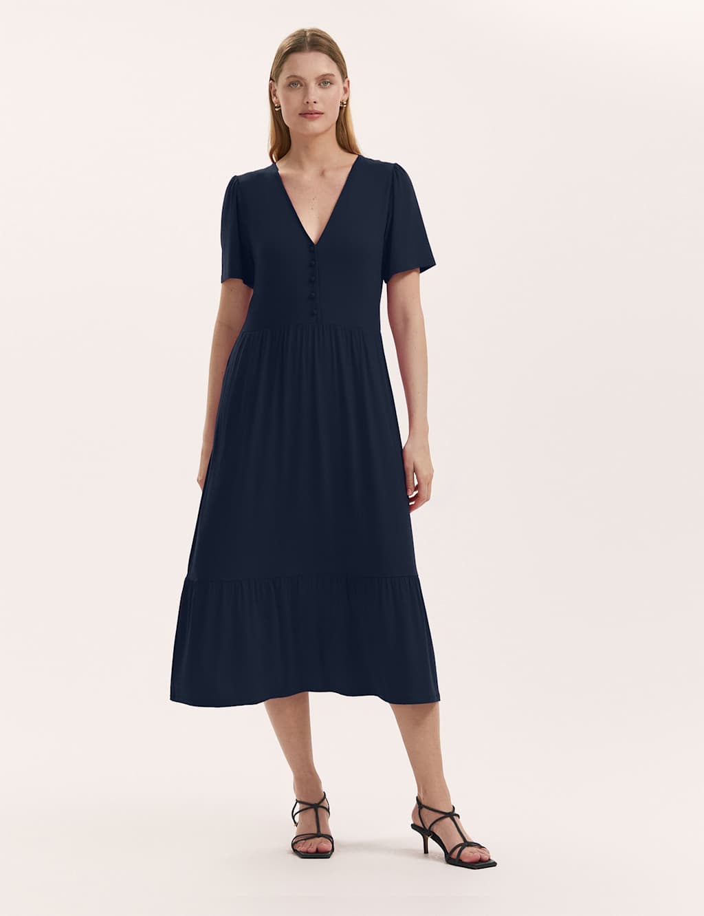 Finery London Jersey V-Neck Midi Tiered Dress Navy