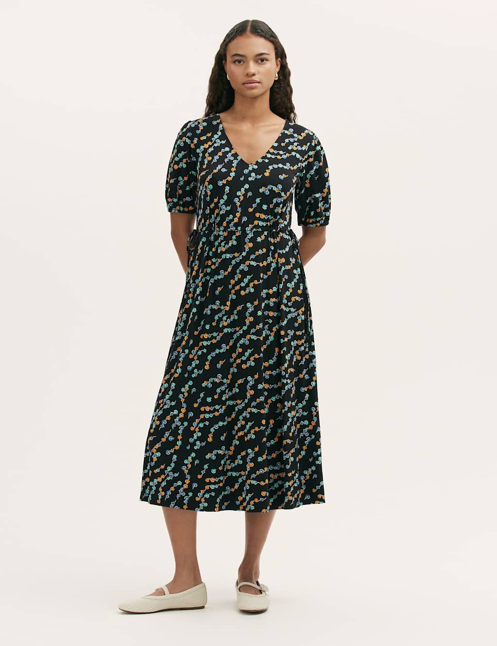 Finery London Jersey Floral V-Neck Midi Waisted Dress Black Mix