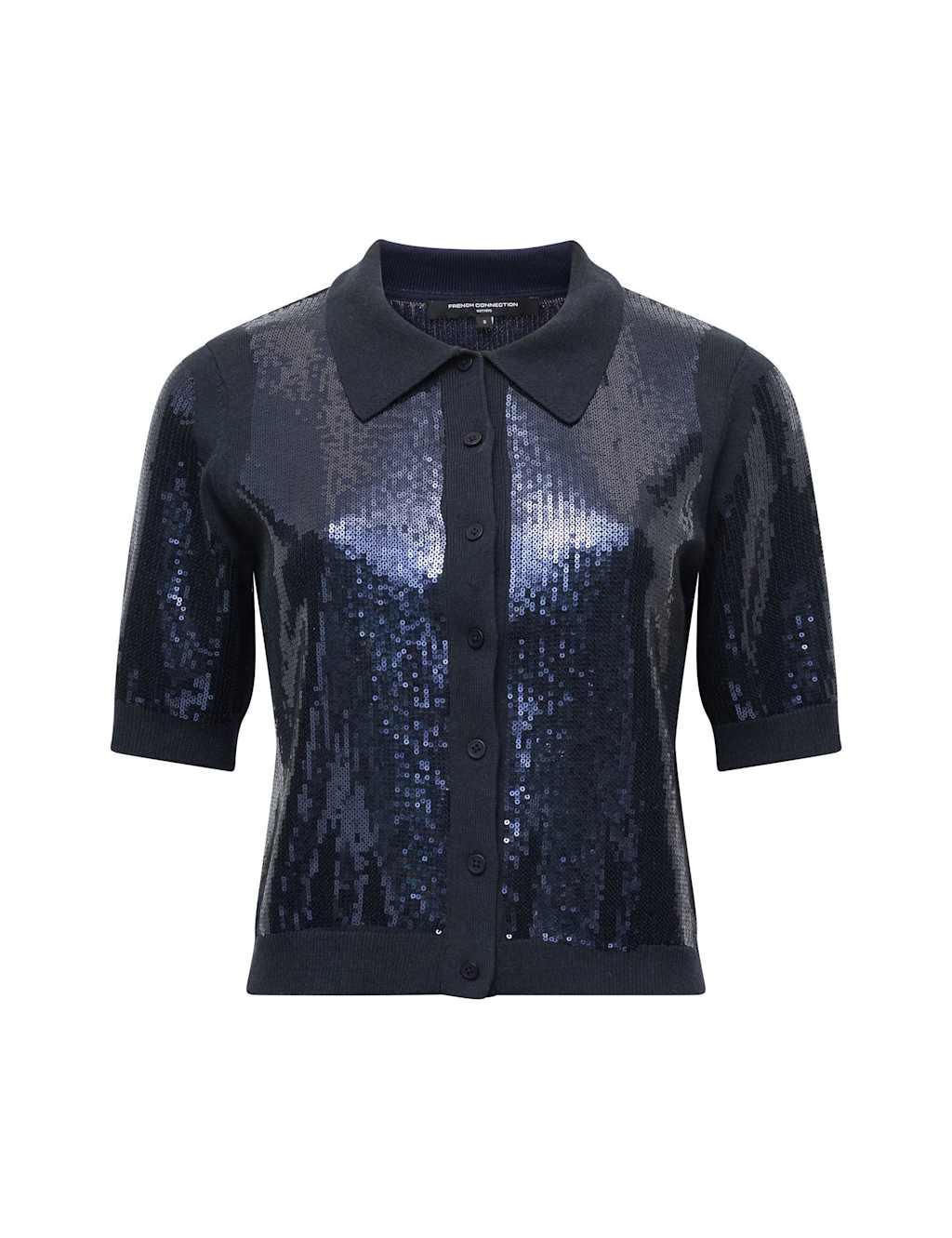 French Connection Cotton Blend Sequin Collared Cardigan Navy Mix