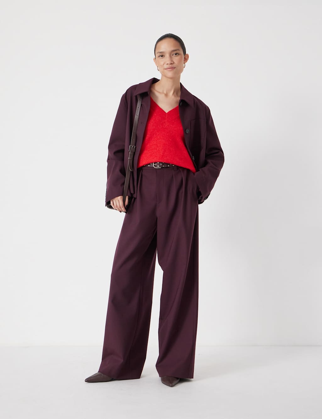 HUSH Wool Blend Wide Leg Trousers Burgundy