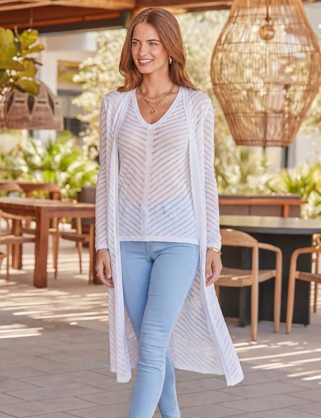Sosandar Women's Cotton Blend Ladder Stitch Longline Cardigan - 12 - Cream Mix - Available at M&S