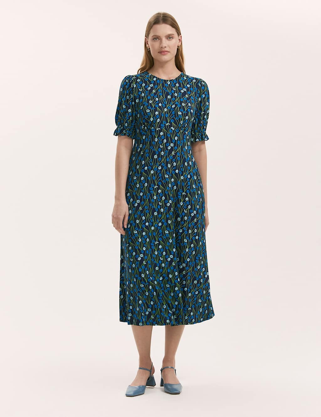 Finery London Jersey Floral Puff Sleeve Midi Tea Dress Blue Mix