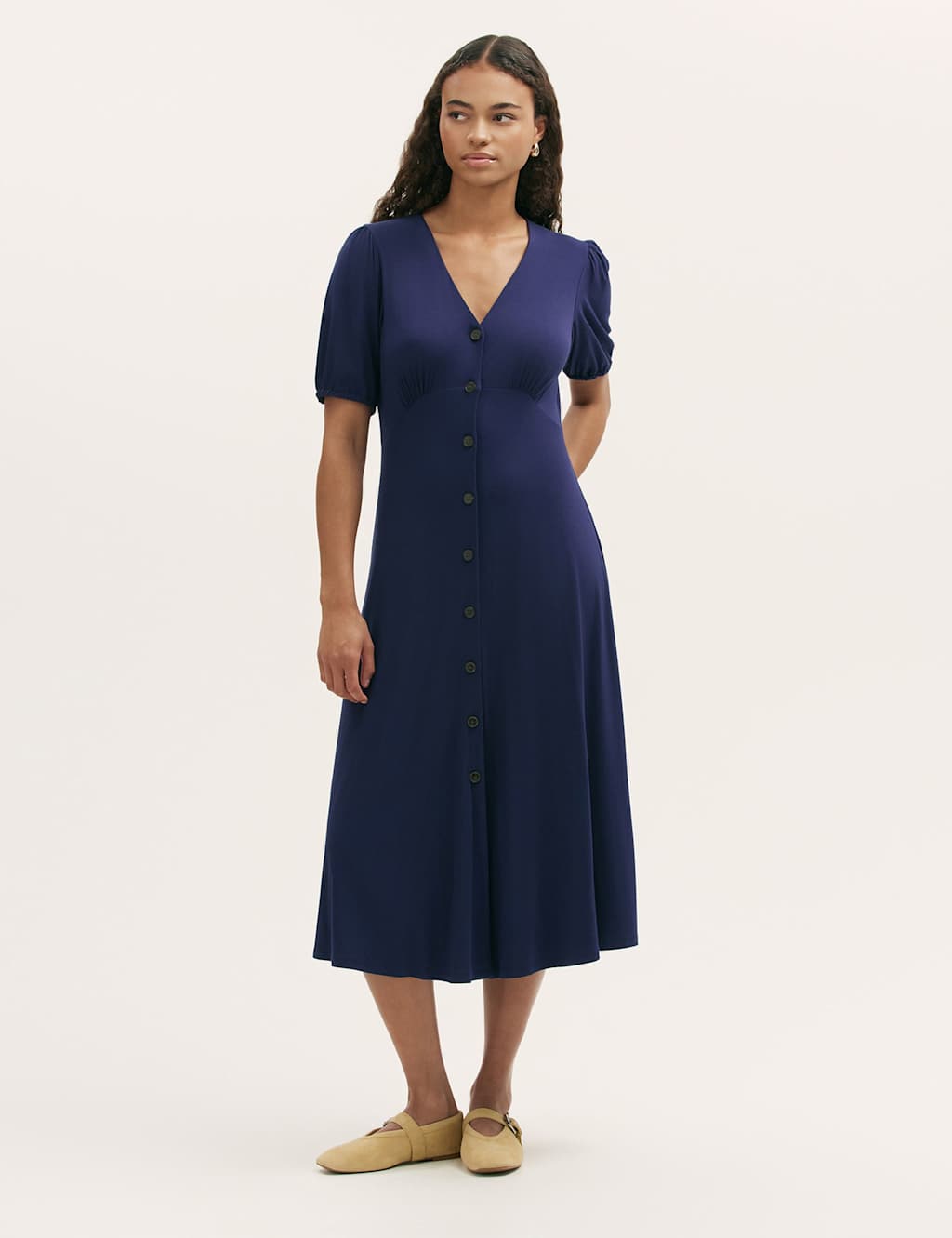 Finery London Jersey V-Neck Button Through Empire Line Midi Tea Dress Navy
