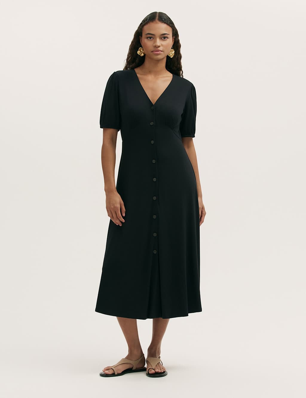 Finery London Jersey V-Neck Button Through Empire Line Midi Tea Dress Black