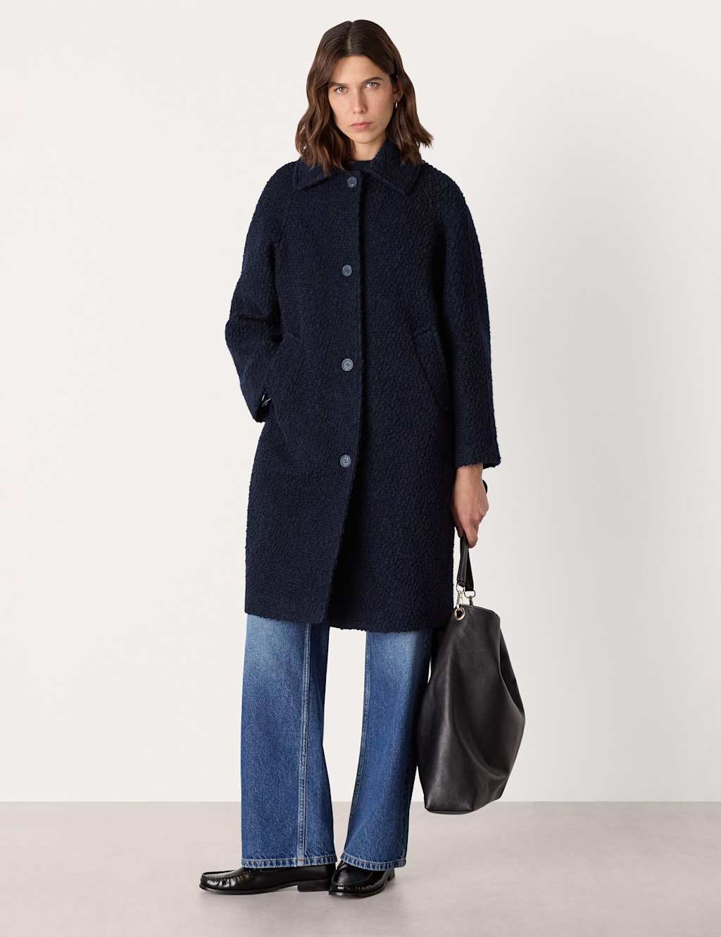Whistles Wool Rich Boucl Relaxed Collared Coat Navy