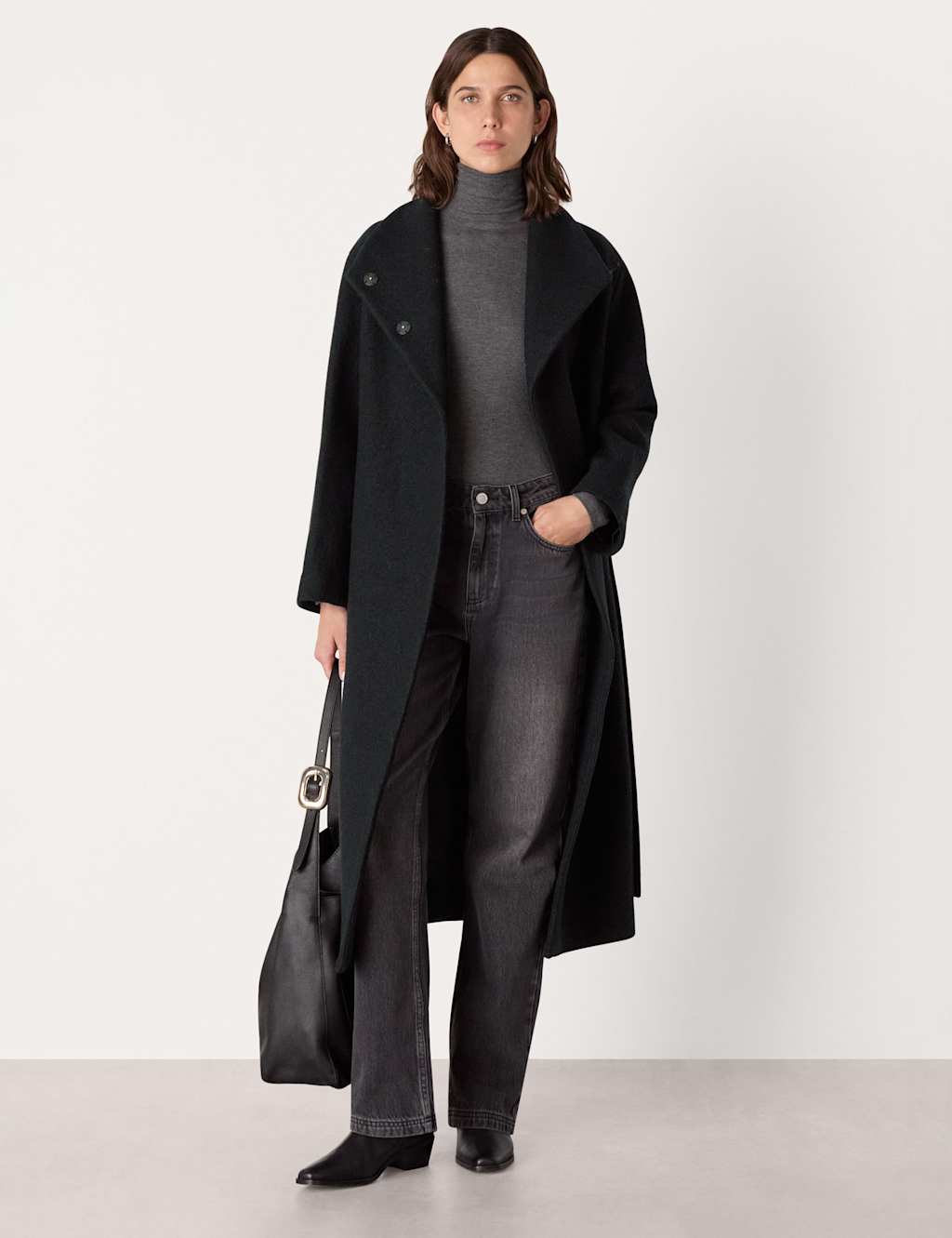 Whistles Pure Wool Belted Funnel Neck Wrap Coat Black