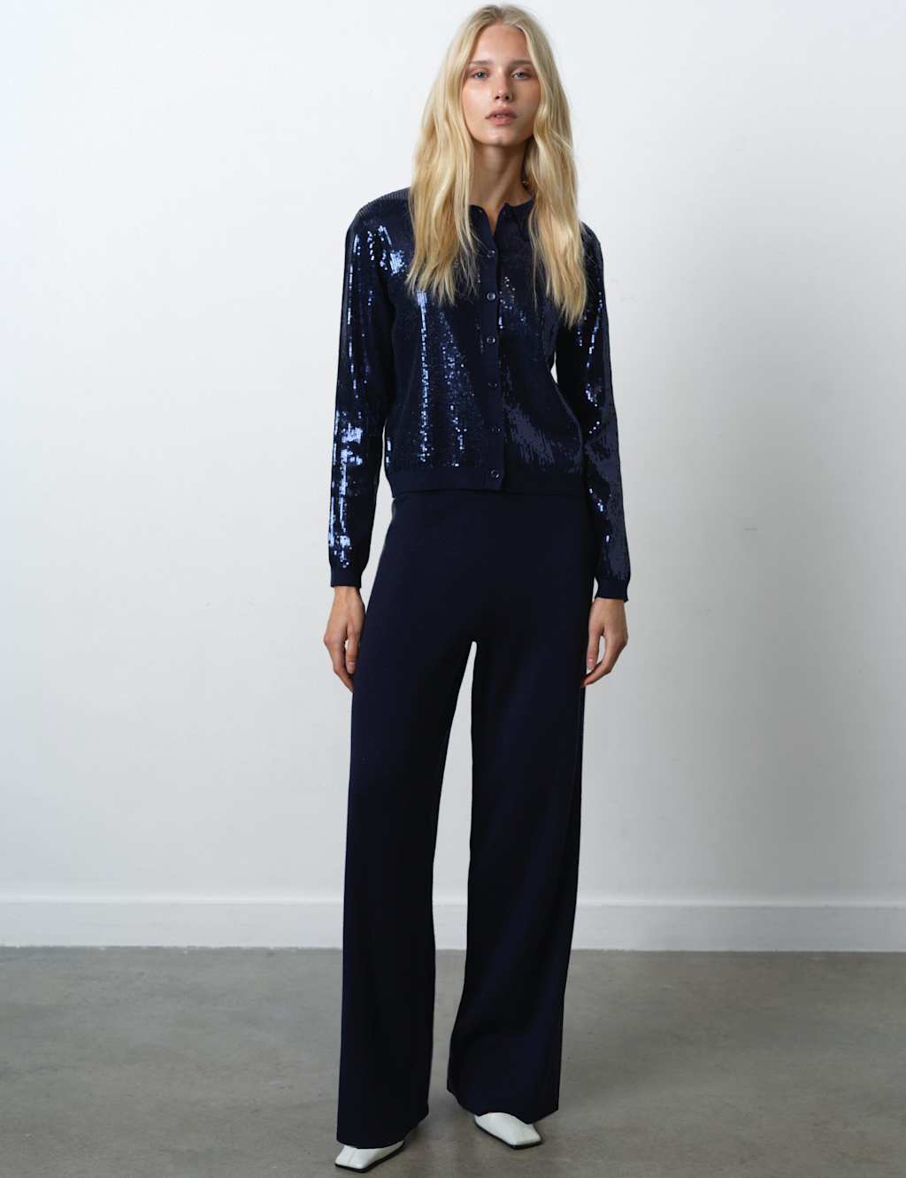 French Connection Cotton Blend Sequin Button Through Top Navy