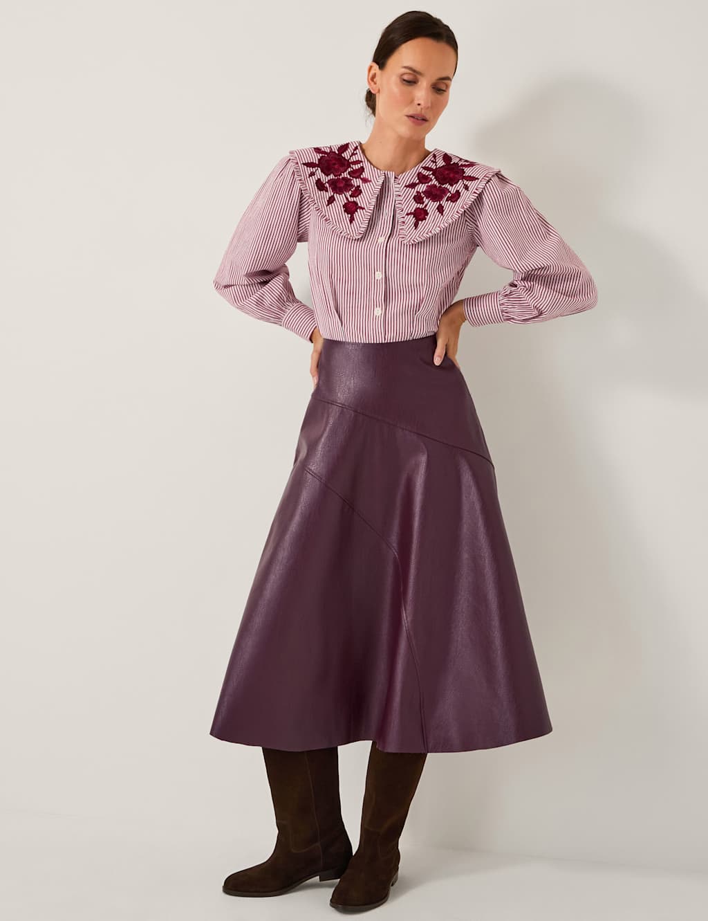 Monsoon Leather Look Midi A-Line Skirt Burgundy