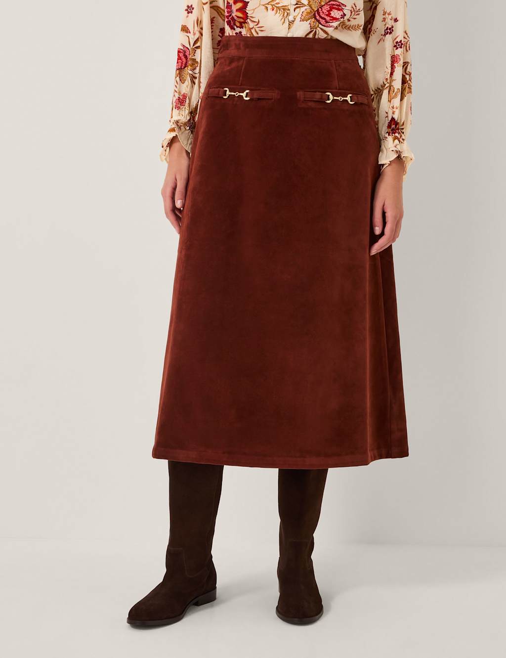 Monsoon Suedette Midi A-Line Skirt Burgundy
