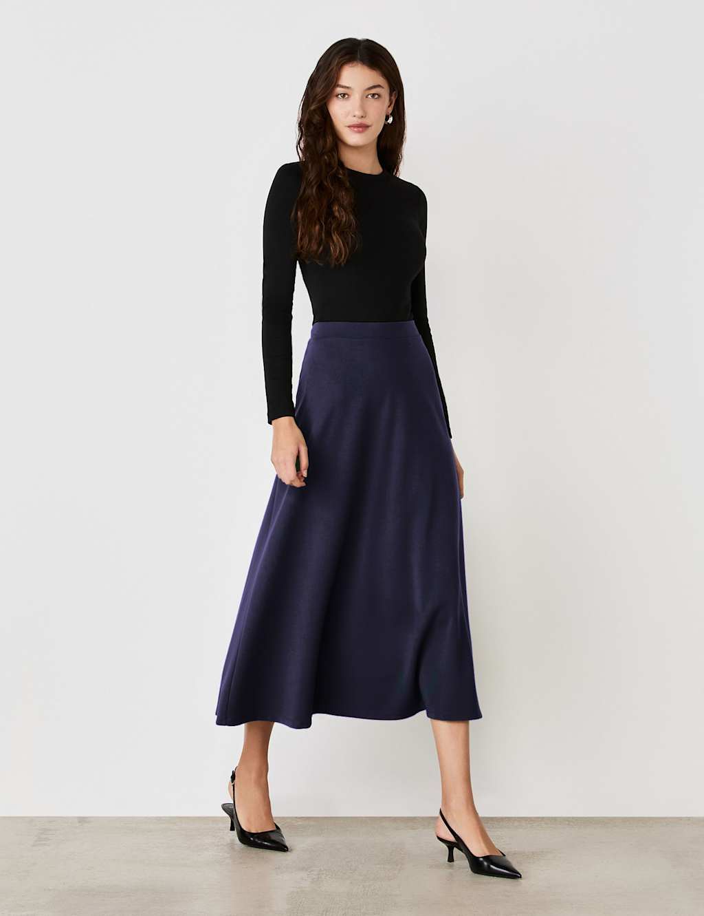 Finery London Jersey Midi A-Line Skirt Navy