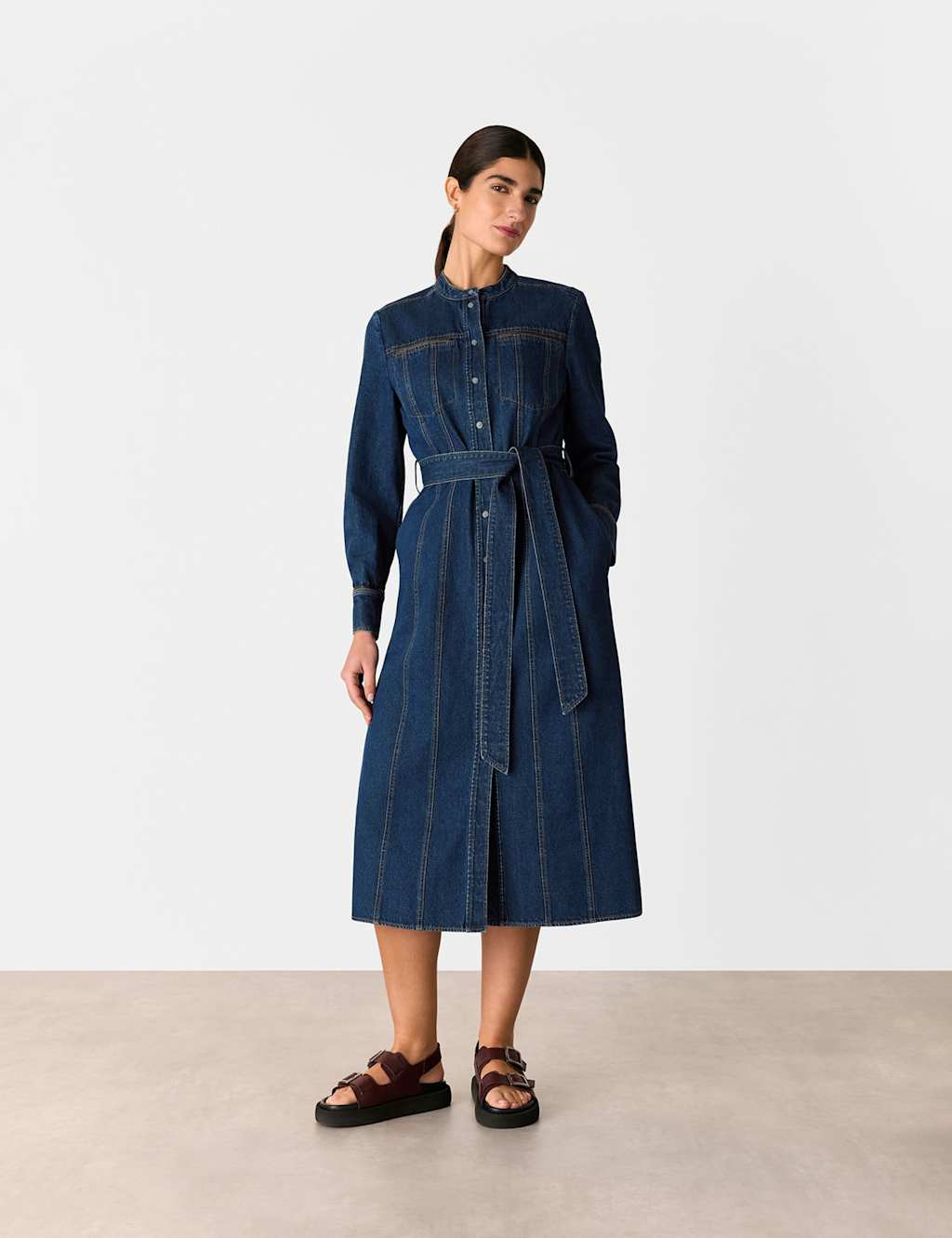 Denim Belted Button Through Midi Waisted Dress